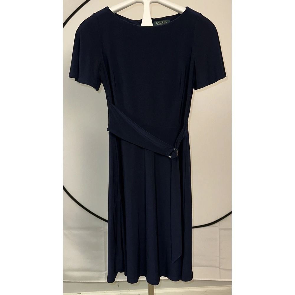 Lauren Ralph Dress Women's Sz 6 Foot Flare Stretch Knit Navy Blue Boat Neck